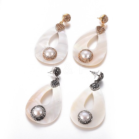 Natural Pearl & Shell Dangle Stud Earrings EJEW-F230-47-1
