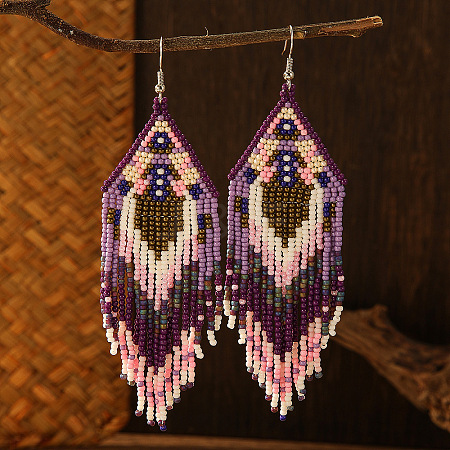 Bohemian Style Purple Pink Glass Bead Tassel Earrings for Women NW9951-1