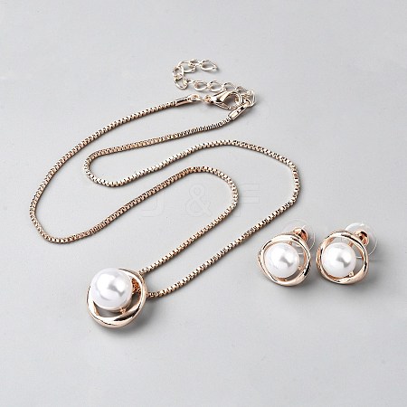 Alloy & Round Imitation Pearl Pendant Necklaces & Stud Earrings Sets SJEW-WH0020-04RG-1