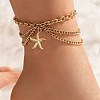 Summer Beach 304 Stainless Steel Starfish Charm 3 Layer Anklets for Women AJEW-F069-01G-1