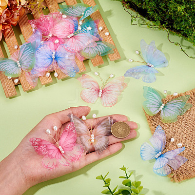 32Pcs 8 Styles Cloth Butterfly with Imitation Pearl Ornament Accessories DIY-TA0014-29-1