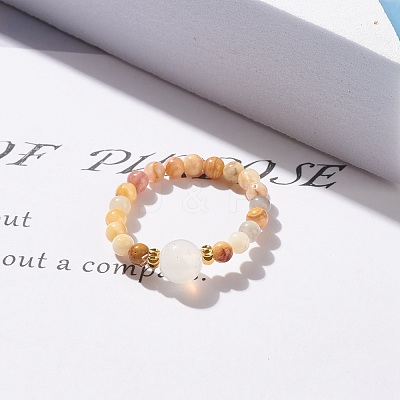 Natural Crazy Agate Round Beaded Stretch Ring with Moonstone RJEW-JR00440-04-1