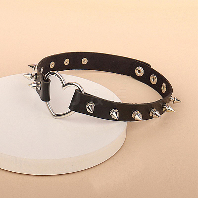 Adjustable Adjustable Gothic PU Leather Alloy Spike Rivet Heart Choker Necklaces for Women NJEW-WH20816-006P-B-1