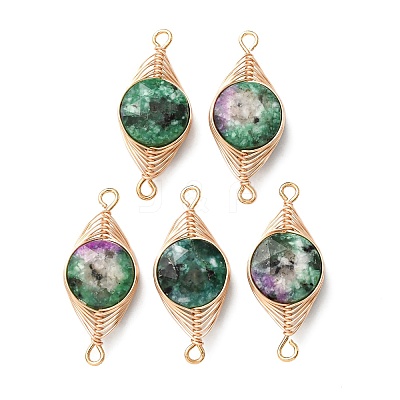 Dyed Natural Sesame Jasper Faceted Hexagonal Cut Flat Round Links Connector Charms with Copper Herringbone Wire-Wrapped KK-Z152-07G-08-1