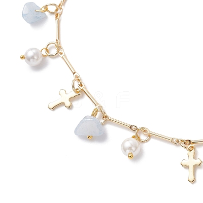 Natural Aquamarine Chip & Round Shell Pearl Cross Tassel Anklets AJEW-AN00716-01-1
