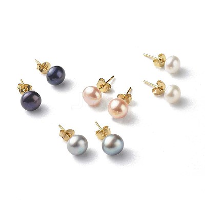 Natural Pearl Rondelle Stud Earrings EJEW-JE04585-1
