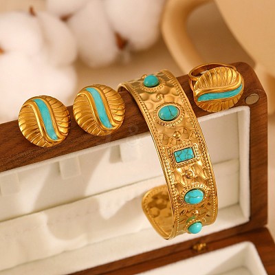 Synthetic Turquoise Cuff Bangles & Finger Ring & Stud Earrings Sets FS-WGB9654-04-1