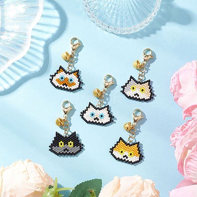 5Pcs Handmade Glass Seed Beaded  Cat Head Shape Pendants Decorations HJEW-MZ00366-1