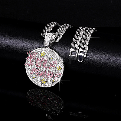 Hip-Hop Alloy Full Crystal and Rose Rhinestone Self Made Medal Pendant Cuban Link Chain Necklaces for Men Women FS-WG8D003-03-1