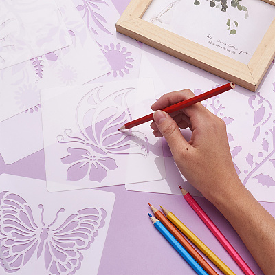 2Sets Square with Floral & Butterfly Pattern PET Drawing Stencil DIY-CW0001-12-1