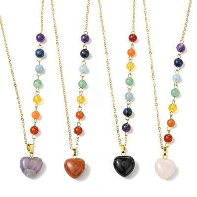 Chakra Natural Mixed Stone Heart Pendant Brass Cable Chain Necklaces for Women NJEW-JN06267-1