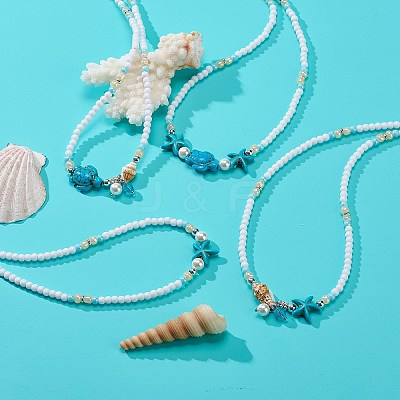 4Pcs 4 Style Natural Pearl & Shell & Dyed Synthetic Turquoise Beaded Necklaces Set NJEW-JN04039-1