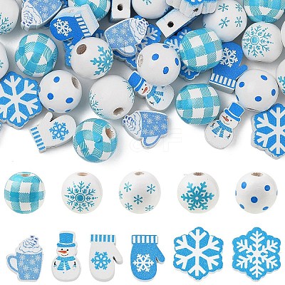 110Pcs 11 Styles Christmas Winter Theme Printed Wood Beads WOOD-YW0001-92-1