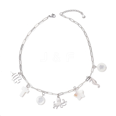 Alloy & Natural White Shell Pendant Brass Paperclip Chain Necklaces for Women NJEW-JN05406-03-1