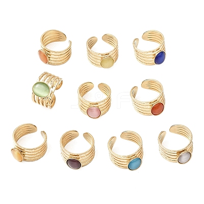 304 Stainless Steel with Glass Cat Eye Cuff Rings for Women RJEW-K309-40F-1