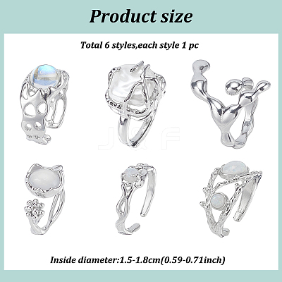 6Pcs 6 Styles Synthetic Moonstone & Cat Eye Open Cuff Rings Set RJEW-AN0001-09-1