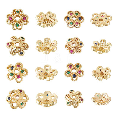 16Pcs 8 Styles Brass Micro Pave Cubic Zirconia Bead Caps ZIRC-TA0001-23G-1