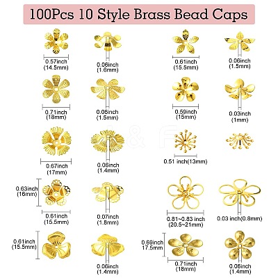 100Pcs 10 Style Brass Bead Caps KK-CJ0002-12-1