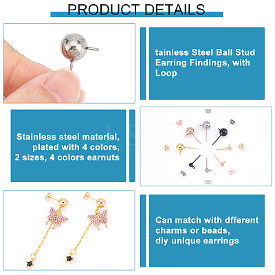 16Pcs 8 Style 304 Stainless Steel Ball Stud Earring Findings STAS-UN0028-27-1