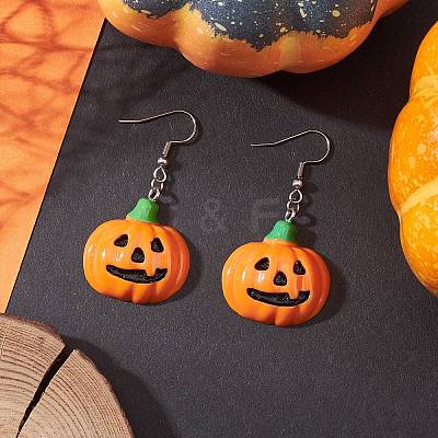 304 Stainless Steel Opaque Resin Pumpkin Dangle Earrings EJEW-JE06478-1