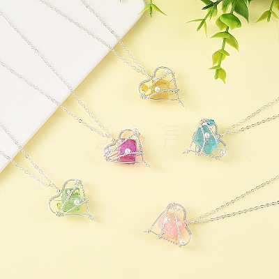 5Pcs 5 Colors Electroplated Natural Quartz Heart Copper Wire Wrapped Pendant Brass Cable Chain Necklaces for Women NJEW-TA00256-1