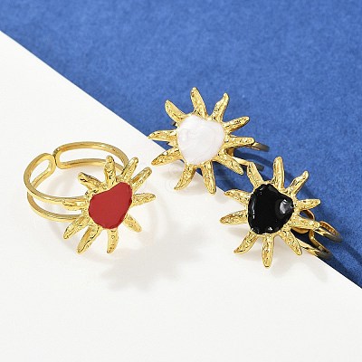 Heart Sun 304 Stainless Steel Enamel Finger Rings for Women RJEW-G355-08G-1