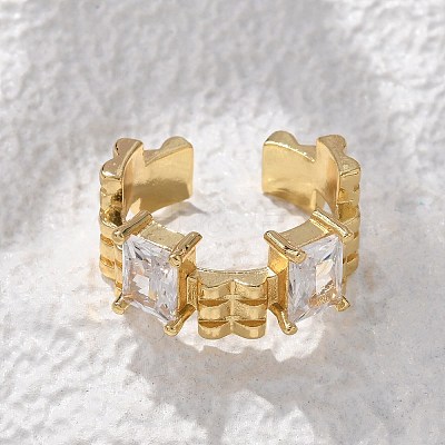 Brass Micro Pave Clear Cubic Zirconia Cuff Finger Rings RJEW-C120-07G-1