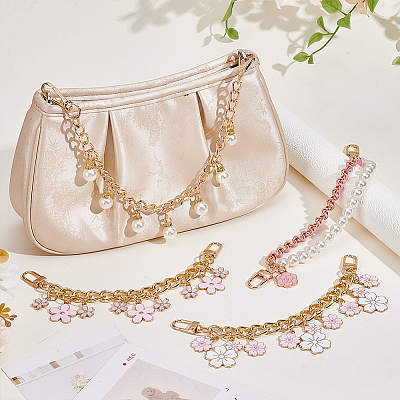 4Pcs 4 Styles Alloy Pink Enamel Flower Charm Bag Decorative Chains FIND-GA0008-19-1