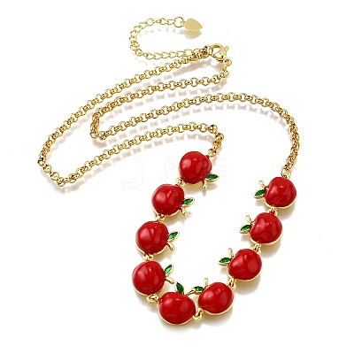 Teachers' Day Brass Red Enamel Fruit Link Chain Necklaces NJEW-K287-04B-G-1