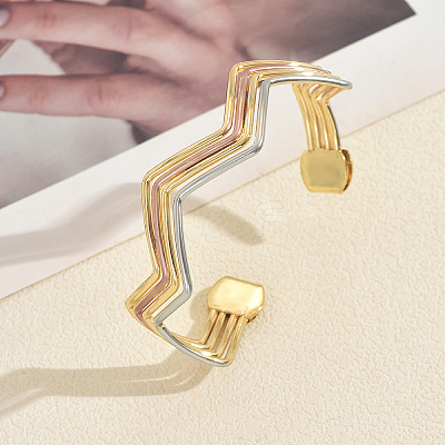 Multi-layer Geometric Wave Pattern Iron Open Cuff Bracelet for Women US3742-1