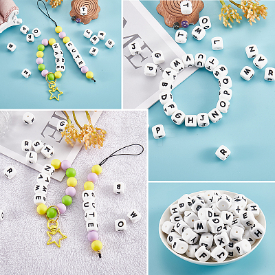 20Pcs White Cube Letter Silicone Beads 12x12x12mm Square Dice Alphabet Beads with 2mm Hole Spacer Loose Letter Beads for Bracelet Necklace Jewelry Making JX432K-1