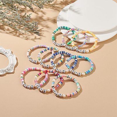 10Pcs 10 Color Handmade Polymer Clay Disc Surfer Stretch Bracelets Set BJEW-JB08873-1