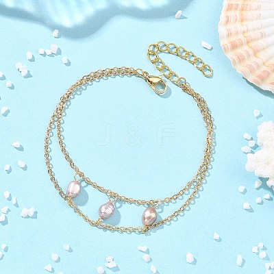 Brass Cable Chains & Rice Natural Cultured Freshwater Pearl Double Layers Bracelets for Women BJEW-JB14135-1