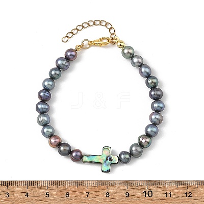 Dyed Natural Cultured Freshwater Pearl Round Beaded Bracelets with Religion Cross Natural Paua Shell for Women BJEW-JB14274-1