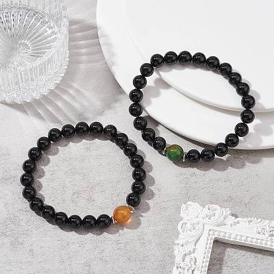 Natural Dyed Peacock Agate & Black Onyx Round Beaded Stretch Bracelets BJEW-TA00408-1