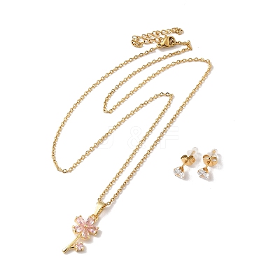 Cubic Zirconia Flower of Life Pendant Necklace & Diamond Stud Earrings SJEW-M099-01G-1