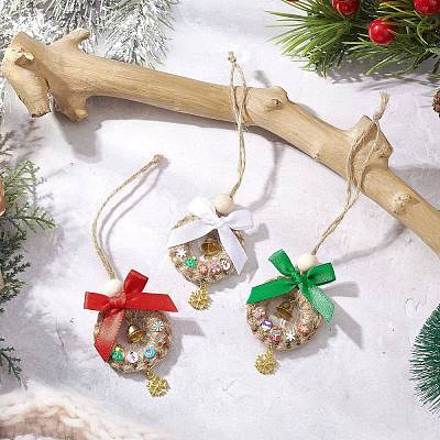 3Pcs Christmas Wood & Polyester Bowknot Pendant Decorations HJEW-JM04193-1