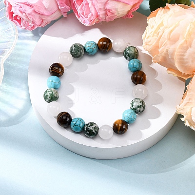 Round Synthetic Turquoise & Natural White Jade & Green Spot & Tiger Eye Beads Stretch Bracelets for Men Women BJEW-JB12322-1
