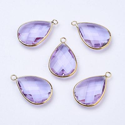 Golden Tone Brass Glass Teardrop Pendants GLAA-M006-A-14G-1