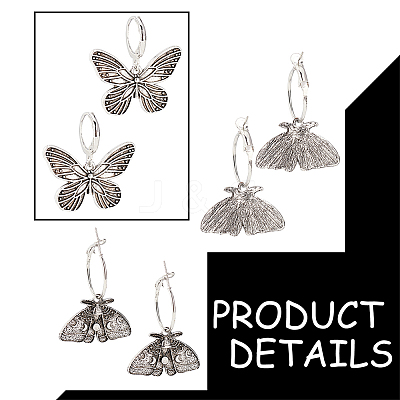 2 Pairs 2 Style Moth & Butterfly Zinc Alloy Dangle Hoop & Leverback Earrings EJEW-AN0002-64-1
