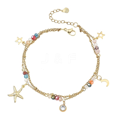 Ocean Faceted Rondelle Electroplate Glass 2-Strand 304 Stainless Steel Sea Animals Charm Anklets for Women AJEW-AN00793-1