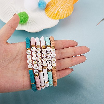 12Pcs 12 Style Handmade Polymer Clay Heisih Beaded Stretch Bracelets Set with Shell Starfish Charm BJEW-SW00035-1