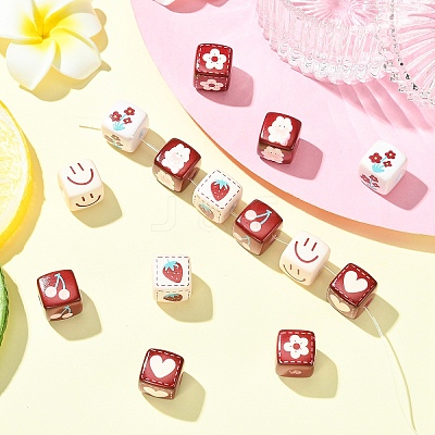 14Pcs 7 Styles Opaque Printed Acrylic Beads MACR-YW0004-13-1