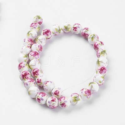 Handmade Flower Printed Porcelain Ceramic Beads Strands PORC-J006-A06-1