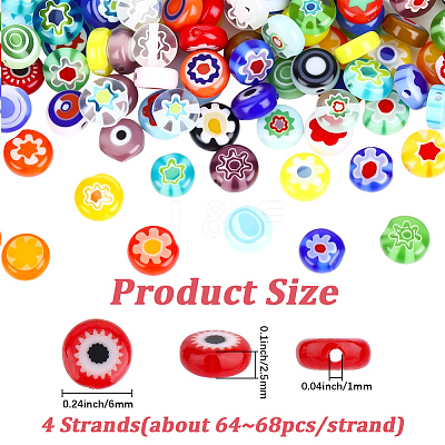 4 Strands Handmade Millefiori Glass Flat Round Bead Strands LK-PA0001-06B-1