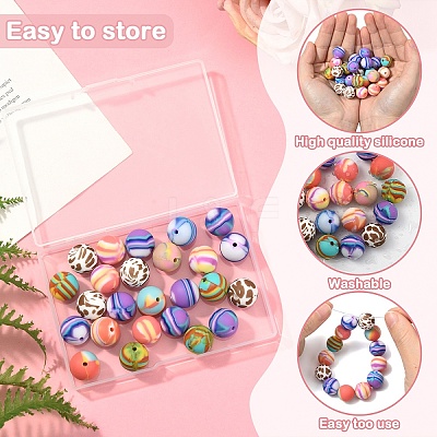 24Pcs 6 Styles Printed Round Silicone Focal Beads SIL-YW0001-76A-1