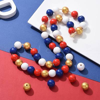 160 Pcs 4 Colors 4 July American Independence Day Painted Natural Wood Round Beads WOOD-LS0001-01A-1