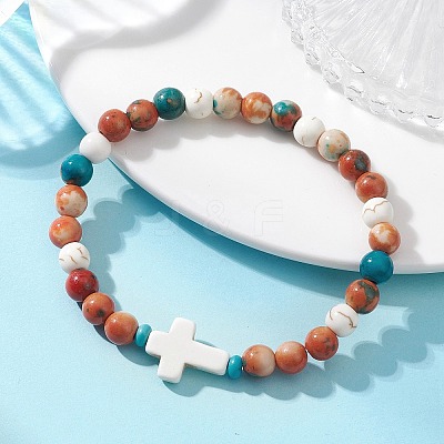 Dyed Synthetic Turquoise Beads & Synthetic Ocean White Jade Beads Stretch Bracelets for Women Men BJEW-JB13667-1
