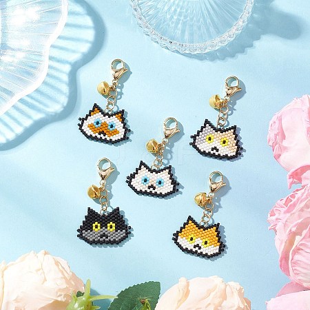 5Pcs Handmade Glass Seed Beaded  Cat Head Shape Pendants Decorations HJEW-MZ00366-1