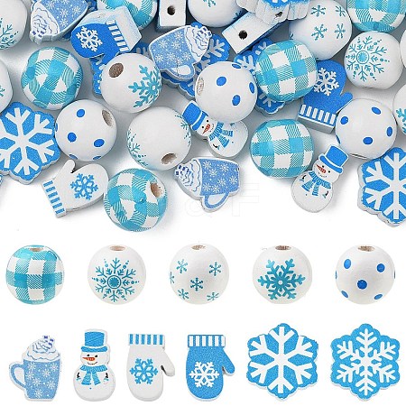 110Pcs 11 Styles Christmas Winter Theme Printed Wood Beads WOOD-YW0001-92-1